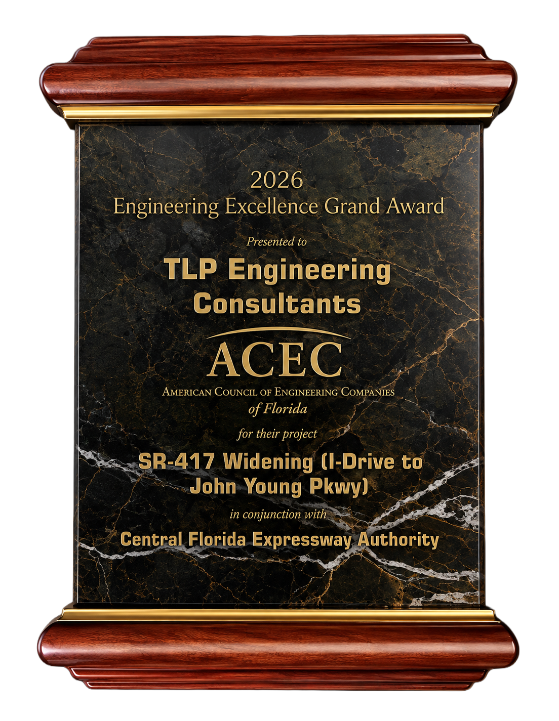 2026 Engineering Excellence Grand Award plaque presented to TLP Engineering Consultants by ACEC of Florida