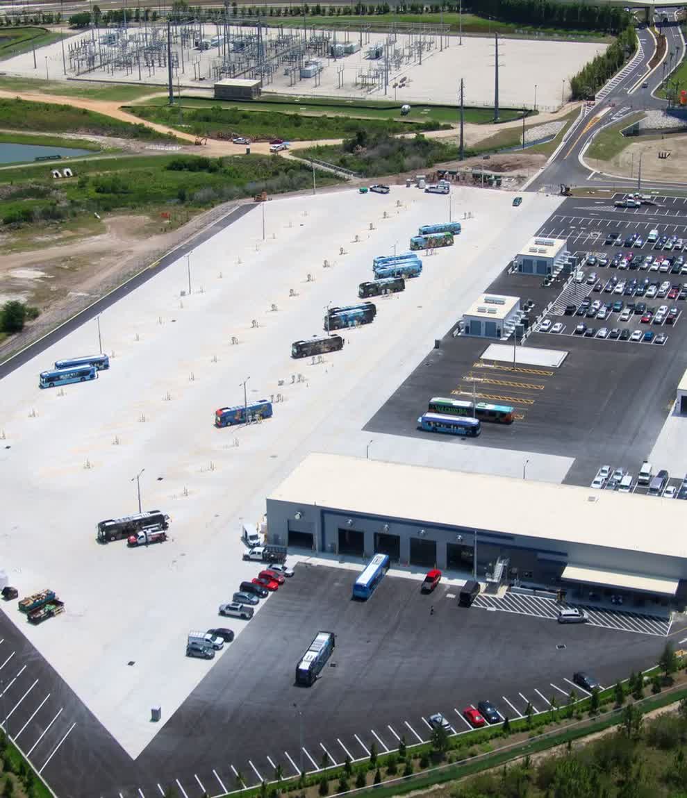 Aerial view of a bus maintenance and storage facility site