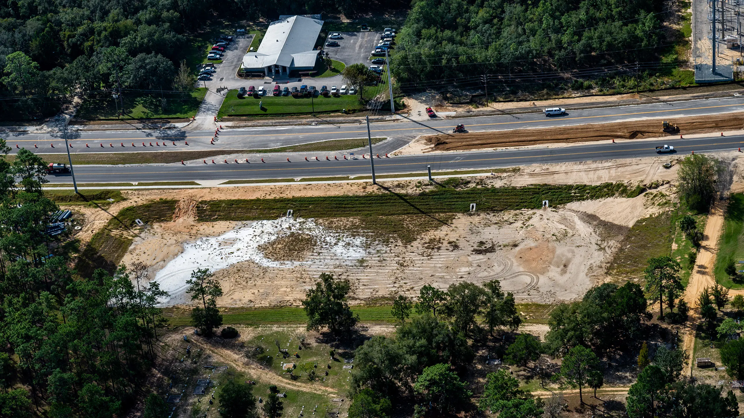 Aerial view of an active roadway construction project