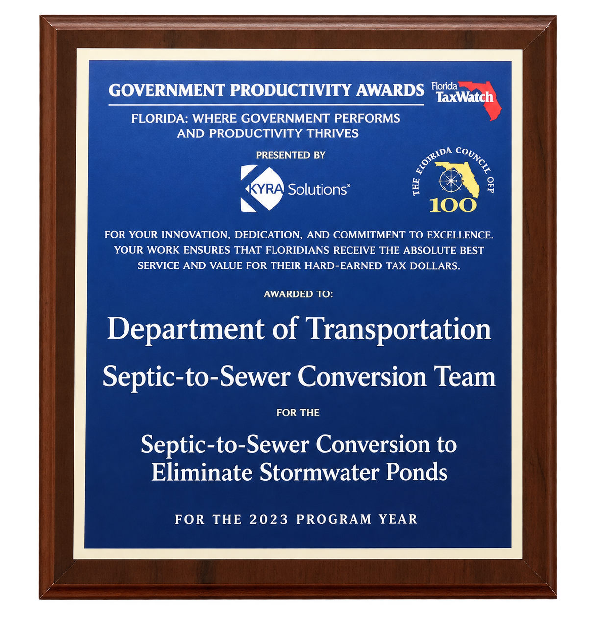 Florida TaxWatch Government Productivity Awards plaque for the Septic-to-Sewer Conversion Team
